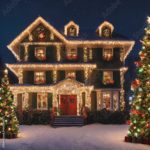 Christmas house decorated with magic christmas tree and lights