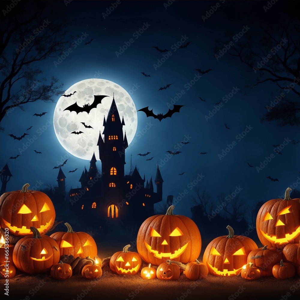 Spooky Halloween Castle Night Scene with Fiery Pumpkin in Graveyard and Bats Spooky Halloween Castle Night Scene with Fiery Pumpkin in Graveyard and Bats