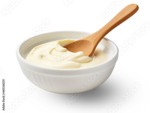 Wooden soup spoon and delicious mayonnaise in a wooden bowl,cream,ice cream,white or transparent background,Mayonnaise, millet paste	 photo