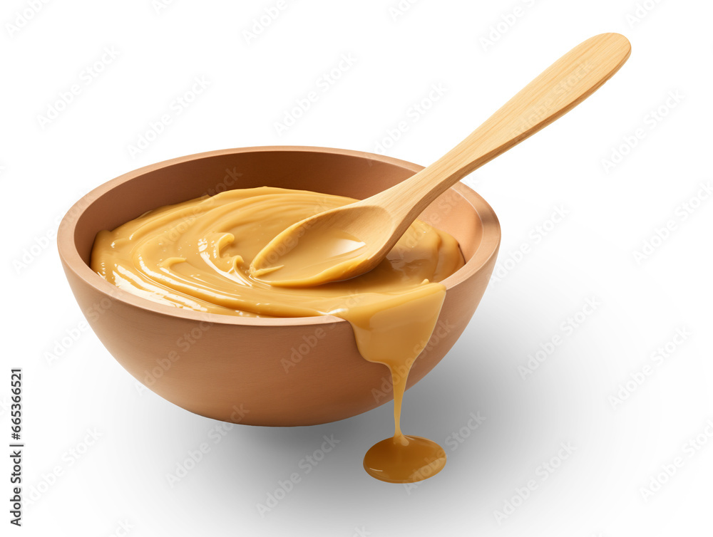 Wooden soup spoon and delicious peanut butter in a wooden bowl,white or transparent background,Mayonnaise, millet paste Wooden soup spoon and delicious peanut butter in a wooden bowl,white or transparent background,Mayonnaise, millet paste