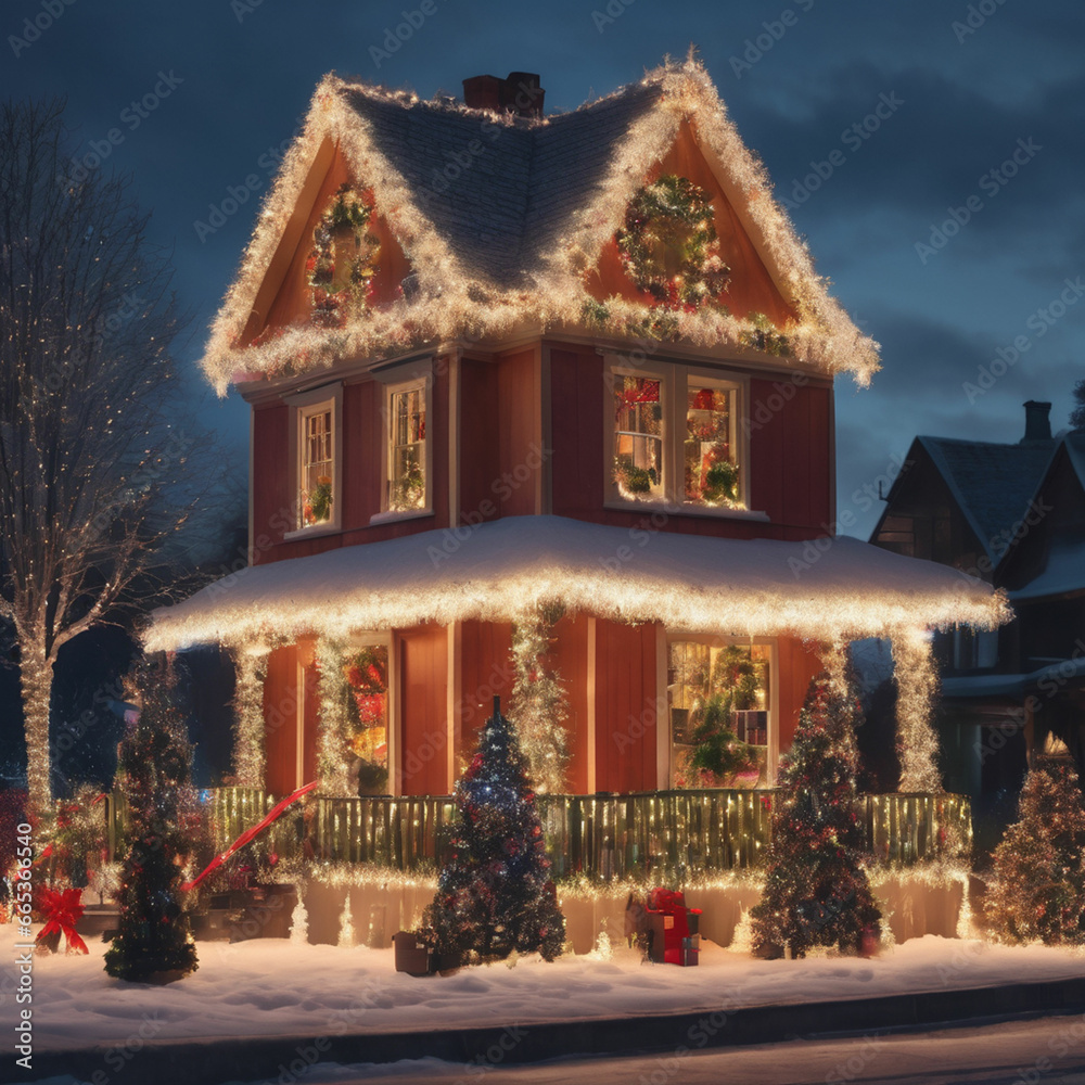 Christmas house decorated with magic christmas tree and lights