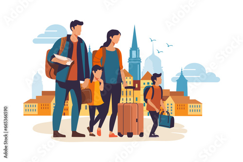 Family with two kids travels in the old city with backpacks and trolley bags, family arrived to the vacation to Europe. 