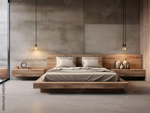 Modern wooden bedroom with wooden furniture generative ai