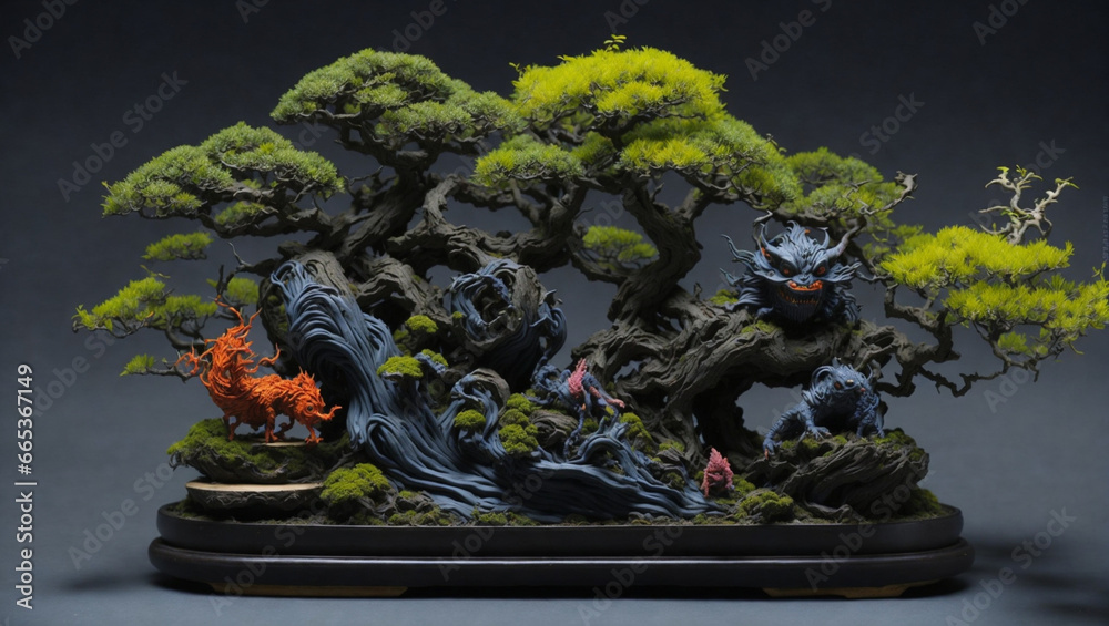 The devil, dragon, Yokai art, Bonsai trees, mixed on dark atmosphere tone, with vibrant