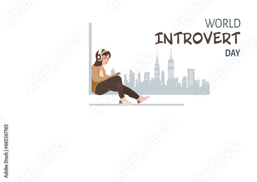World Introvert Day. A teenage girl with headphones is sitting, leaning on the wall