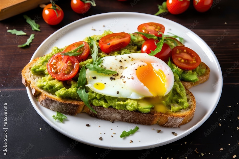 Avocado toast with eggs and roasted tomatoes. Avocado toast with eggs and roasted tomatoes.