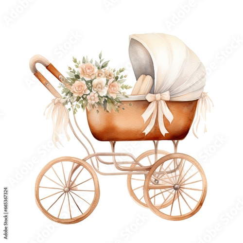 Watercolor Baby carriage Clipart on white background.
