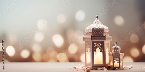 Celebration of islamic eid mubarak and eid al adha lantern in a light background.