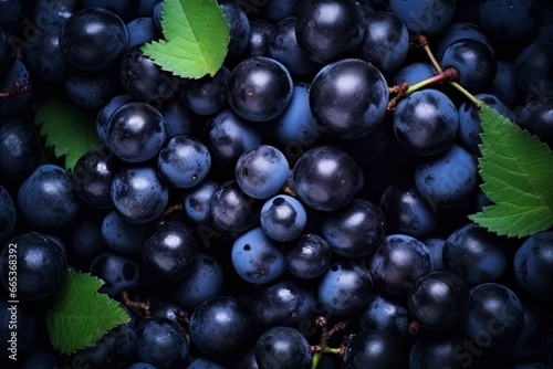 Flat lay background of vines, lots of organic blue dark grapes.