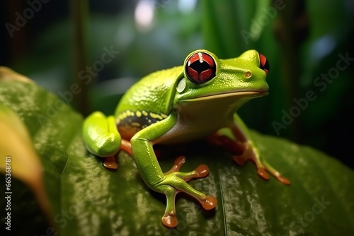 Tree Frog sitting on plant.