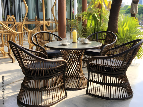 Dining table set weaved with rattan generative ai