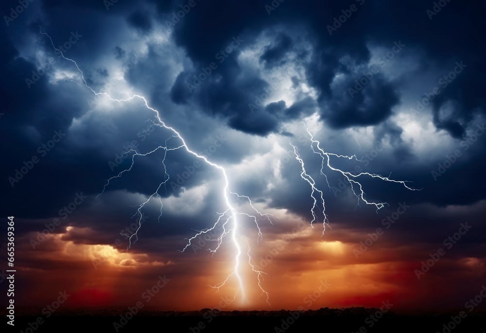 Lightning strikes on a cloudy dramatic stormy sky.