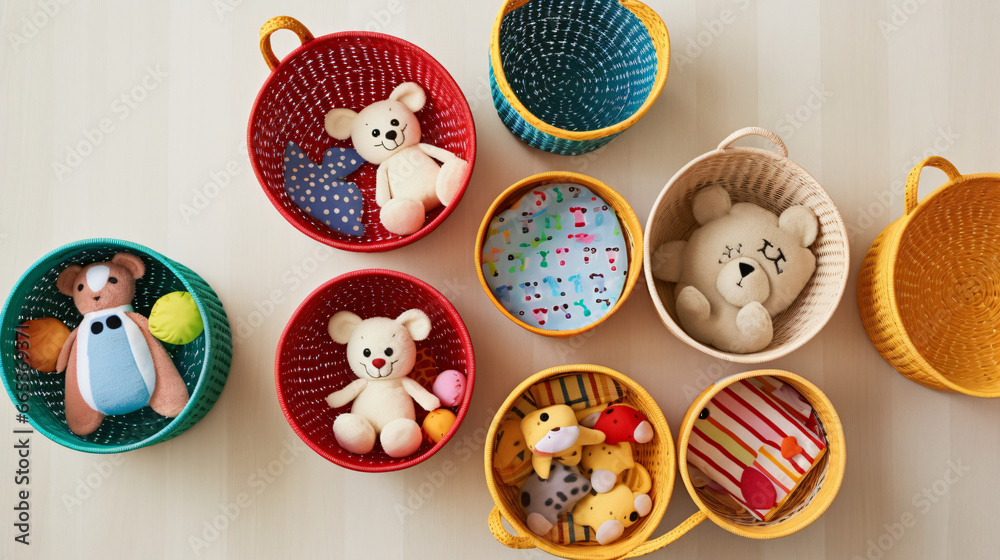 Childrens room with colorful toy storage baskets