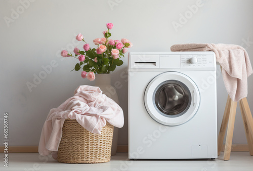 Laundry room, with washing machine and laundry basket Minimalist design. AI Generated Images