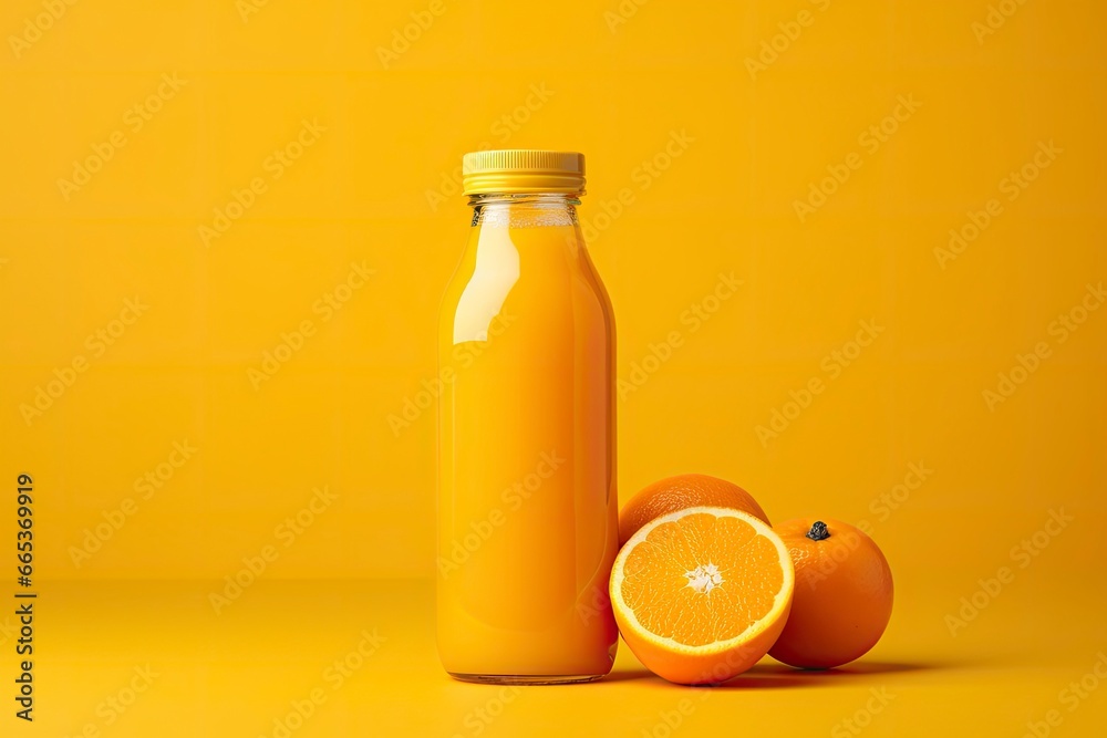 Orange Juice bottle on orange background.