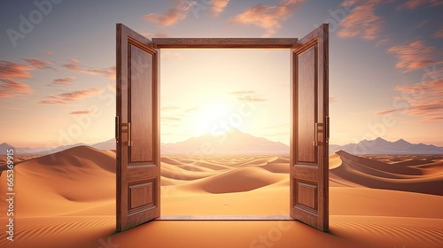 The opened door on the desert. Unknown and start up concept.