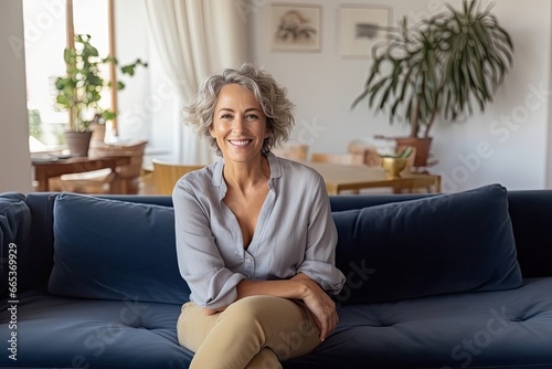 Smiling middle aged woman sitting on sofa at home  photo