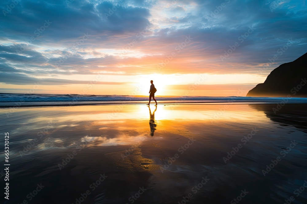 A person walking on the beach at sunset.