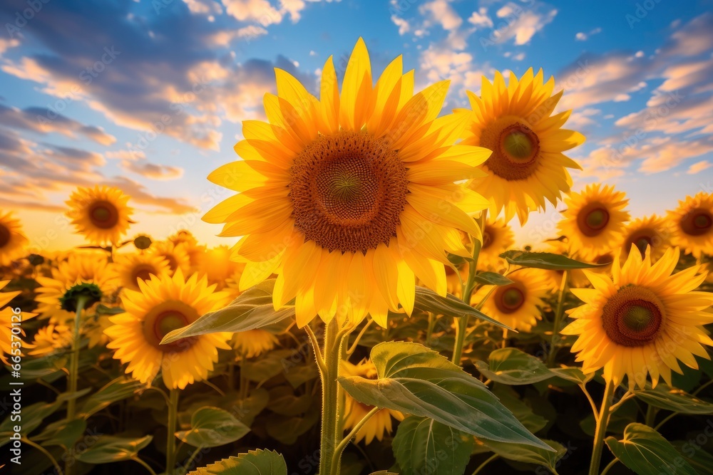Obraz premium Sunflowers turning toward the sun in the soft morning light.