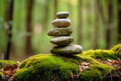 Pyramid stones balance on old mossy fallen tree.