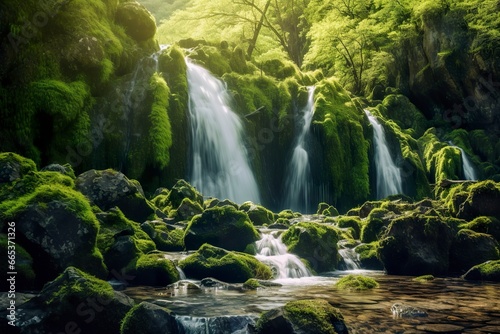 Waterfall landscape with rocks covered in green moss.