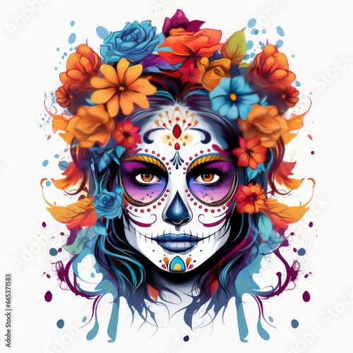 Woman sugar skull with beautiful colored flowers on white background.