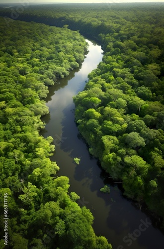 Aerial view of the Amazonas jungle landscape with river bend.
