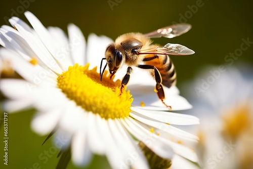 Bee and flower. Close up of a bee collecting honey on a daisy flower on a sunny day. © MdHafizur