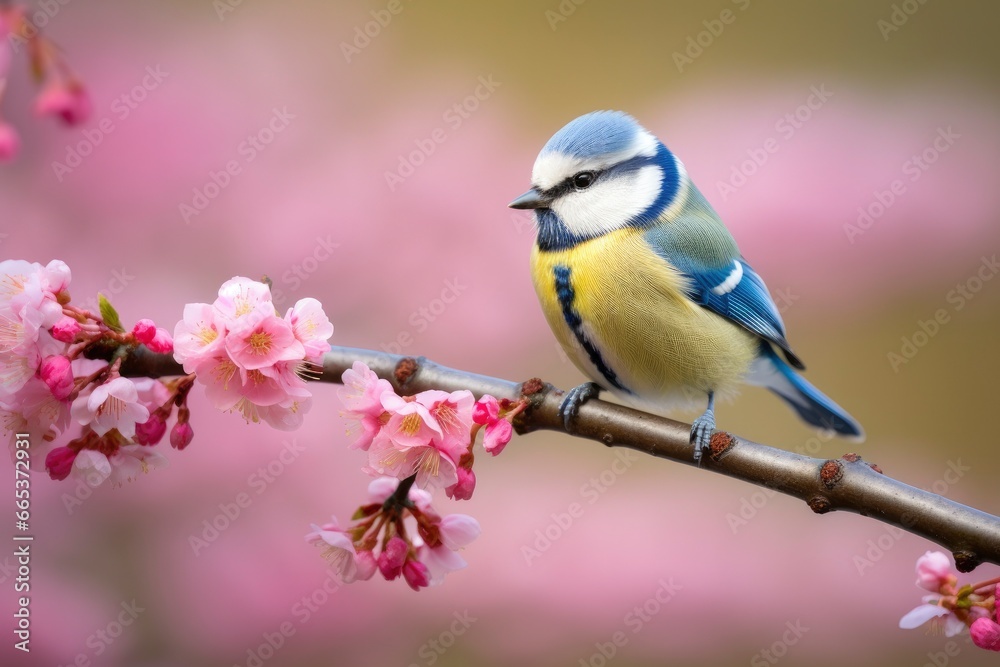 A Bluetit bird resting on the branch of a tree.