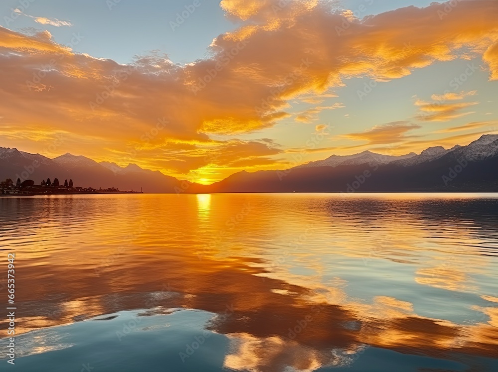 Bright sunset over Lake golden clouds reflect in the water.