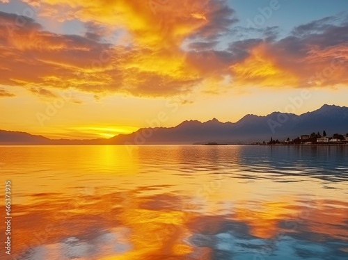 Bright sunset over Lake golden clouds reflect in the water.