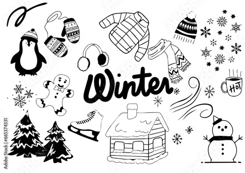 simple black and white hand drawn of winter doodle