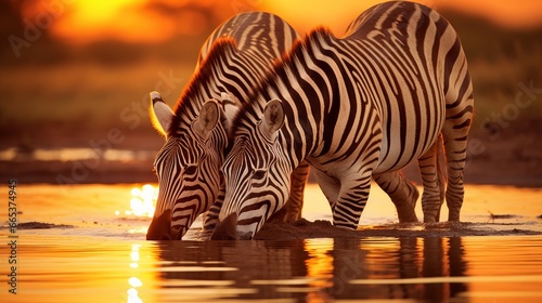 Zebras drink water from the lake.