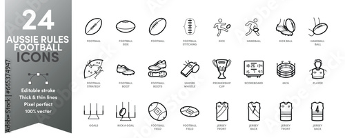 Aussie Rules Football Icon Set. Editable stroke with thick and thin stroke weights. Perfect for logos, stats and infographics. Change the thickness of the line in any vector capable app. photo