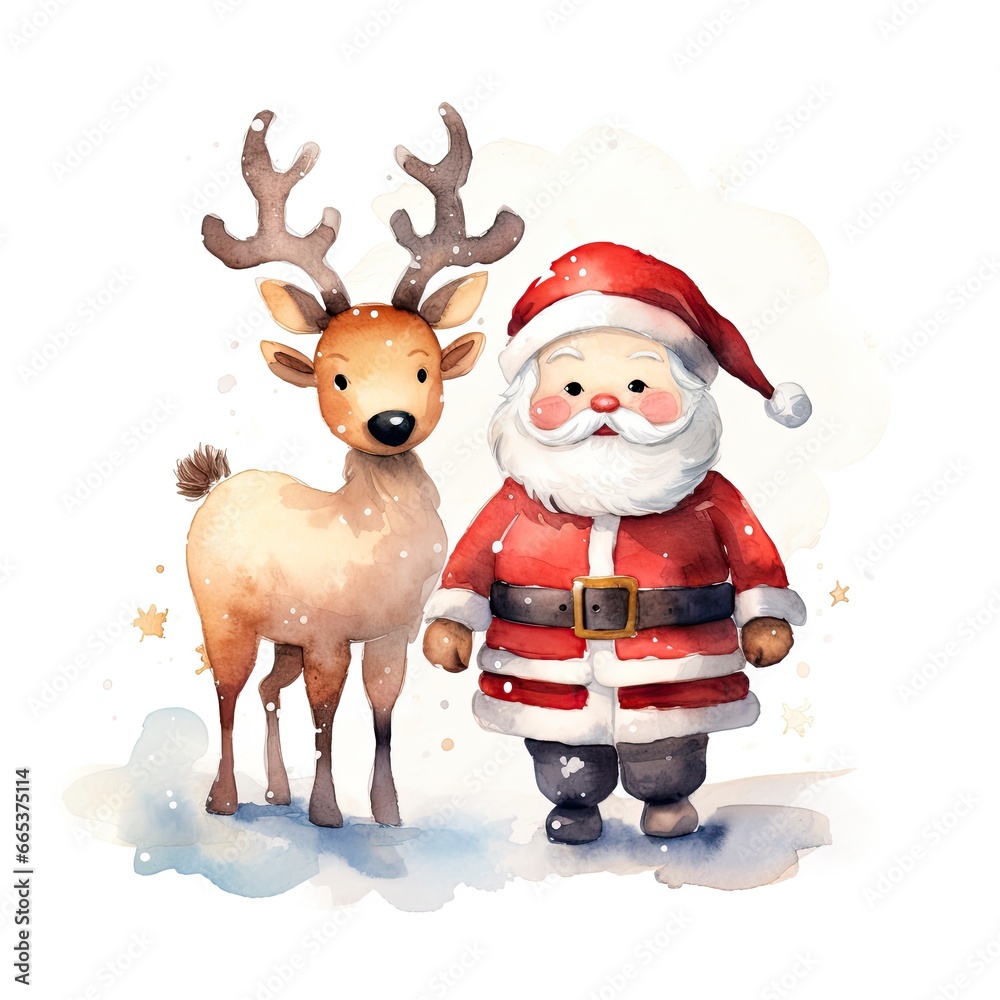 Cute Santa Claus standing with reindeer. Cute Santa Claus standing with reindeer.