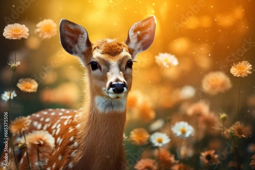 Female roe deer with beautiful flower.