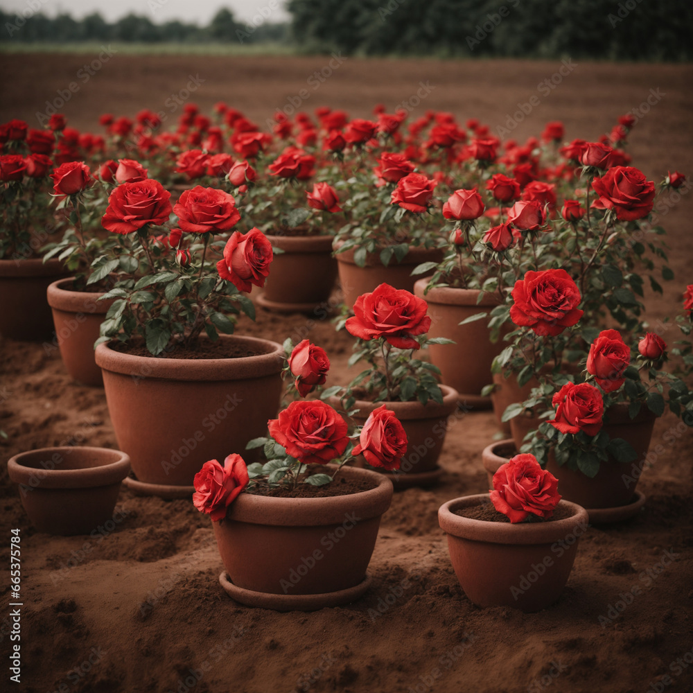 Blooming red roses were planted in earthen pots placed in an empty field