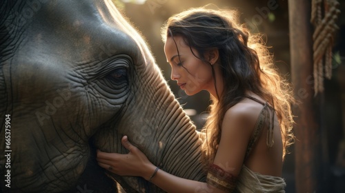 The woman lovingly kisses her best friend, the elephant, and continues the wonderful relationship. photo