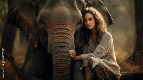 The woman is sitting with her best friend, the elephant.