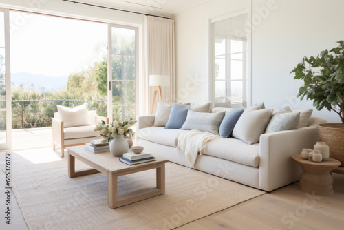 A living room bathed in soft, natural light from large windows, highlighting the white walls and pale wooden flooring. A plush, neutral-toned sofa is accented with muted blue and gray cushions