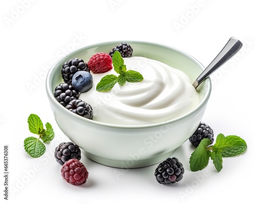 Green bowl of greek yogurt and fresh berries isolated on white background. photo