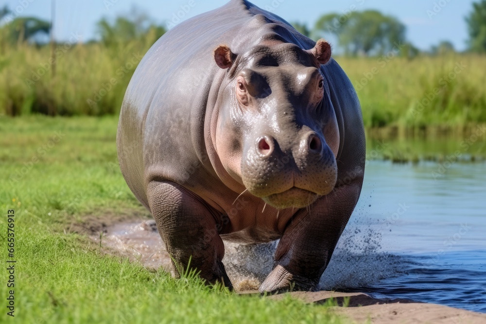 Hippopotamus Walking in a green field. Hippopotamus Walking in a green field.
