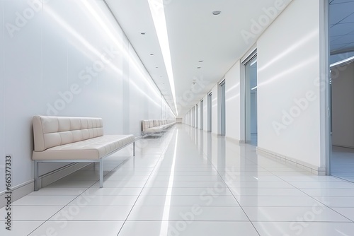 Interior design of a modern luxurious white building corridor or hallway with waiting seat. © MdHafizur