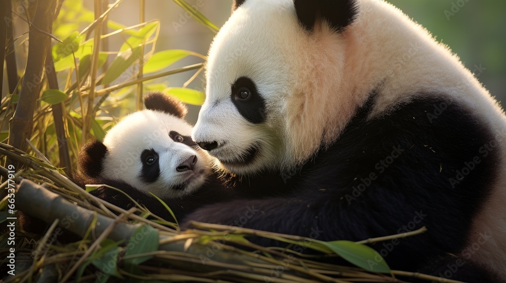Fototapeta premium Mother Panda and her baby Panda are hugging and eating bamboo.