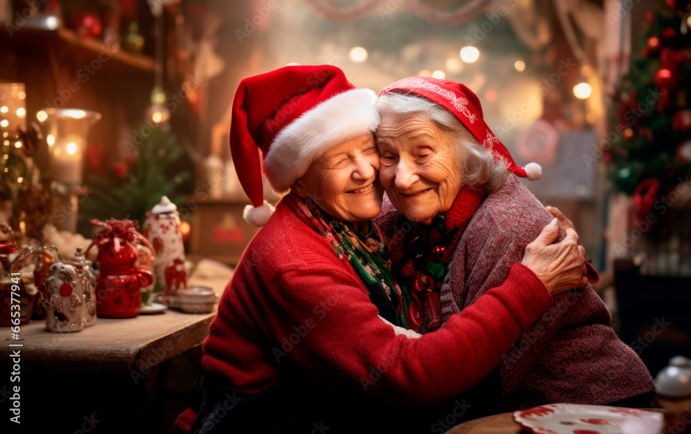 two old women embracing at christmastime. Family celebrating xmas with love, affection, togetherness and support. Ai generated