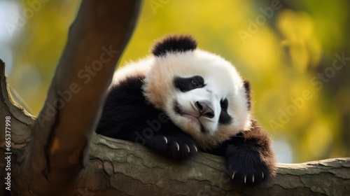 Panda Bear Sleeping on a Tree Branch  Cute Lazy Baby Panda Sleeping in the Forest.