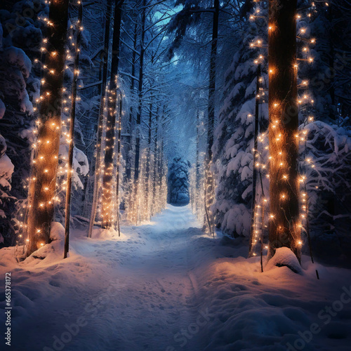 A garland-lit alley in a snowy pine forest, AI Generated © Funfere
