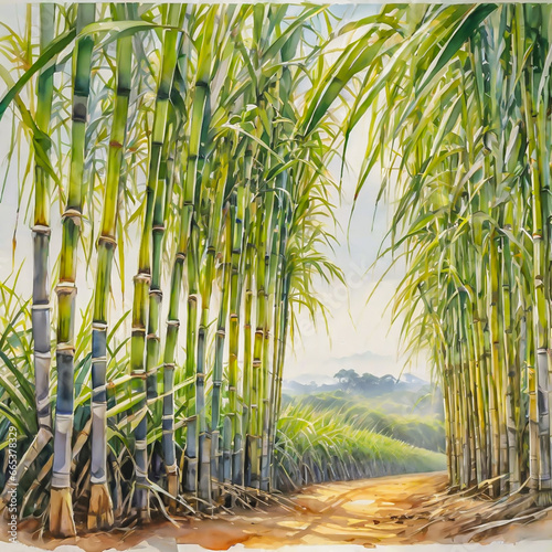 Sugar cane stalks with sugar cane plantation background.