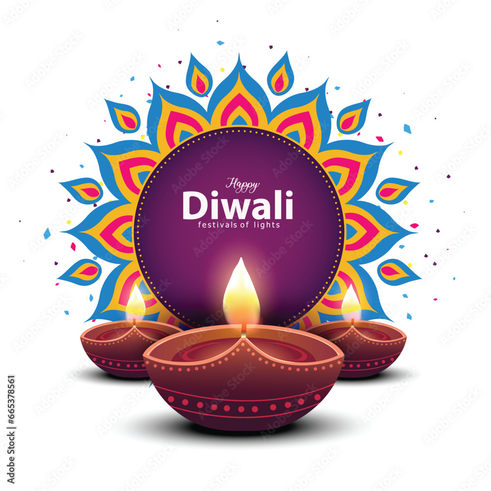happy Diwali greetings. rangoli decoration with Diya. vector ...