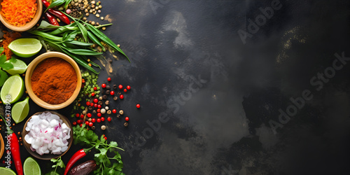 Indian Spices and Herbs on Black Stone Background
